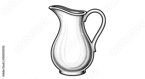 Classic ceramic or metal pitcher with a rounded body and an elegant curved handle is shown in a detailed stippled line art style.