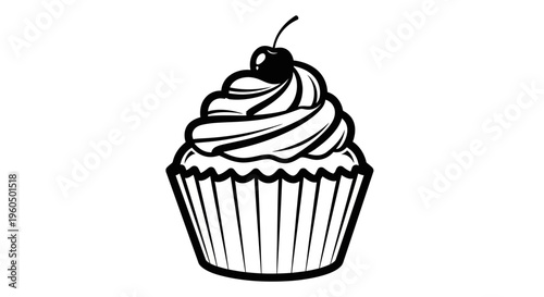 Black and White Cupcake with Cherry on Top - Simple Line Art Icon