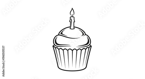 Black and White Line Drawing of a Cupcake with a Single Lit Candle