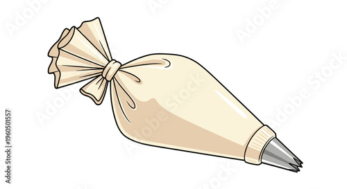 Pastry bag filled with white cream and a metal star nozzle is illustrated in a clean vector style with soft colors and shadows.