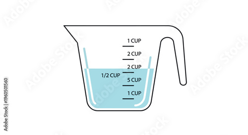 Measuring cup with blue liquid, kitchen tool for cooking and baking, clear markings