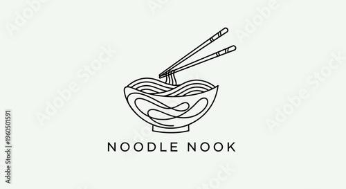 Noodle Nook Logo: Minimalist Line Art of Noodles in Bowl with Chopsticks