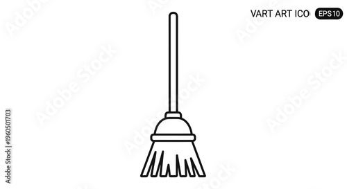 Simple line art icon of a broom for cleaning, isolated on white background.