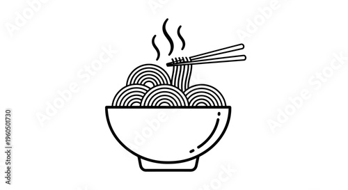 Steaming Bowl of Noodles with Chopsticks - Minimalist Line Art