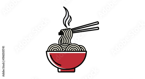 Steaming Noodles in Bowl with Chopsticks, Asian Food Icon, Hot Meal