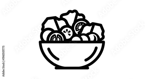 Fresh Salad Bowl Icon: Healthy Food, Diet, Organic Ingredients, Simple Line Art