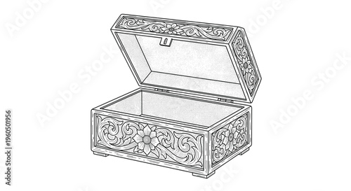 Exquisite wooden jewelry box with a hinged lid and elaborate floral carvings is shown in a detailed black and white line art style.