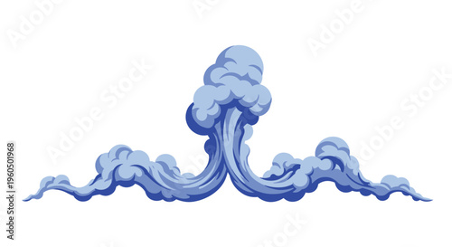 Stylized blue smoke or vapor plume rises from two symmetric ground trails in this clean and artistic horizontal graphic element.