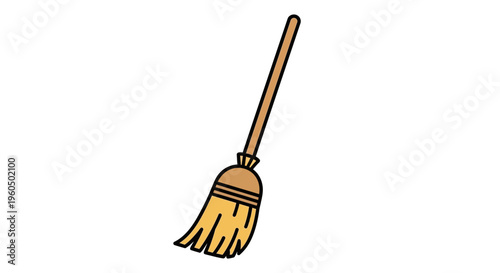 Cartoon Broomstick Isolated on White Background, Cleaning Tool, Witchcraft Symbol