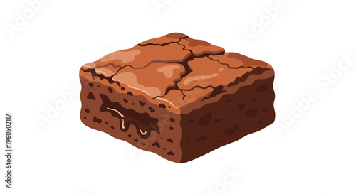 Delicious square piece of dark chocolate brownie with melting fudge center is isolated on a plain white background.