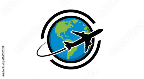 Airplane flying around the earth globe icon