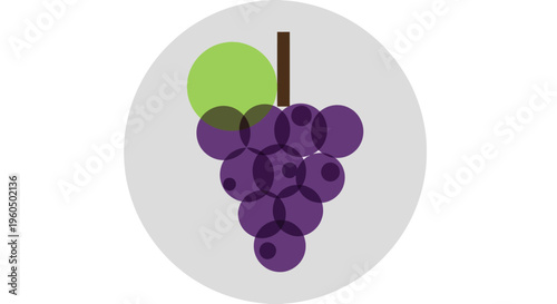 Minimalist Purple Grapes Bunch Icon with Green Leaf and Stem on Grey Circle Background