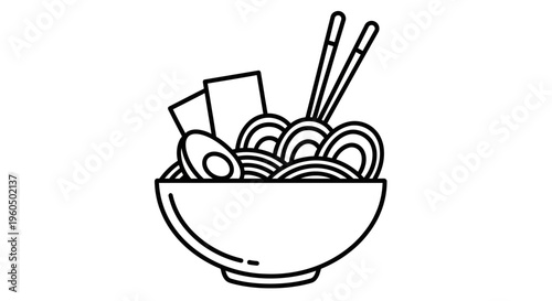 Minimalist Ramen Bowl Icon with Chopsticks and Egg - Japanese Noodle Soup Line Art