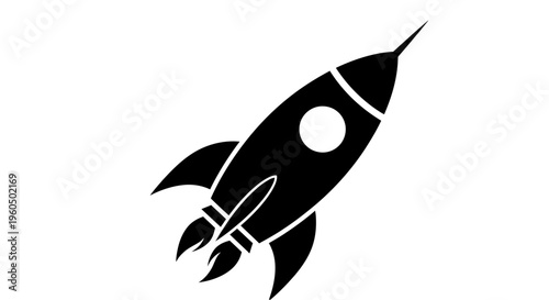 Black and white illustration of a rocket ship blasting off into space with fins and engines