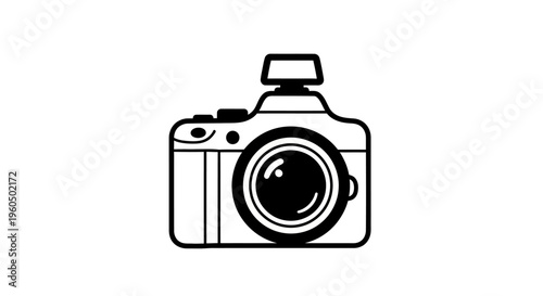 Black and white line art illustration of a vintage camera, iconic photography symbol