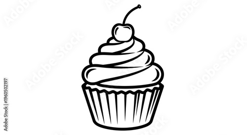 Simple Cupcake Outline with Cherry on Top - Vector Illustration