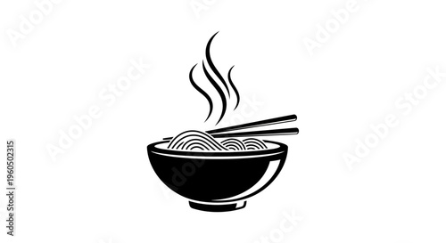 Steaming Bowl of Noodles with Chopsticks - Minimalist Black and White Icon