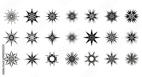 Collection of 20 unique starburst designs with sharp points and abstract patterns