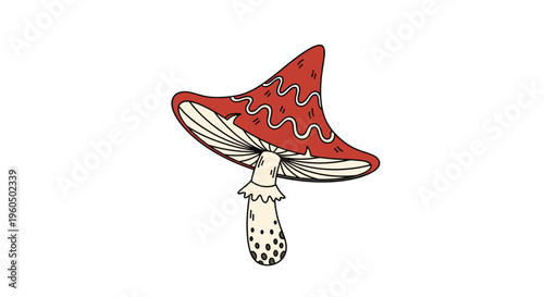 Artistic drawing of a fantasy mushroom with a tall red cap featuring white wavy lines and a spotted stem on white.