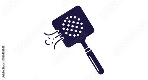 Dark blue silhouette of a fly swatter with stylized air motion lines is isolated on a clean white background for design.