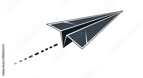A stylized illustration of a paper airplane in flight with a trail