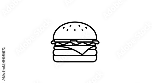 Minimalist line art icon of a classic cheeseburger with sesame seeds