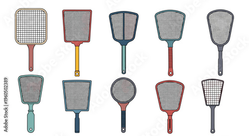 Collection of ten colorful fly swatters in various shapes and handle designs is shown for household pest control needs.