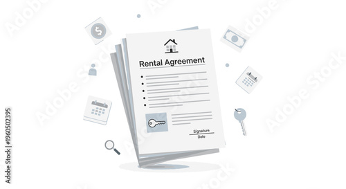 Rental Agreement Document with Key, Money and Calculator Icons - Property Rental Concept