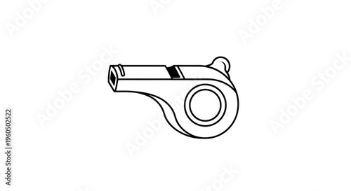 Classic sports whistle, black and white line drawing, isolated on white background