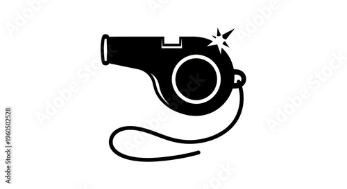 Black whistle icon with a sparkle and cord, isolated on white background