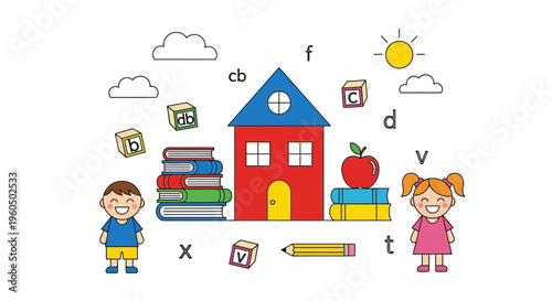 Children Learning at School: Kids, Books, ABC Blocks, Red House, Sun, Clouds