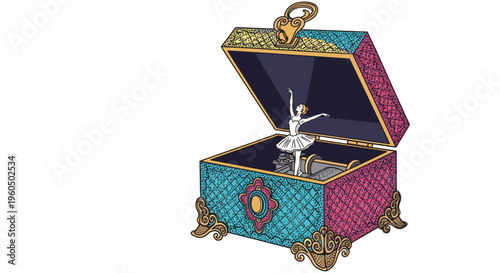 Beautifully decorated ornate jewelry box with a ballerina figure inside is shown half-open on a plain white background.