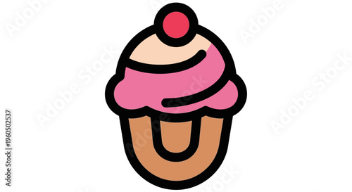 Sweet Cupcake Icon with Pink Frosting and Cherry on Top - Vector Illustration