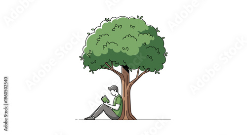 Man Reading Book Under Green Tree, Relaxing Outdoors, Learning and Knowledge Concept