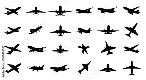 Collection of various airplane silhouettes in different angles and positions