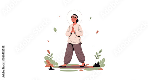 Calm person meditating outdoors in nature with leaves and a halo.