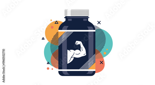 Dark blue plastic bottle of protein supplement with a muscle arm icon is presented on a modern abstract background.