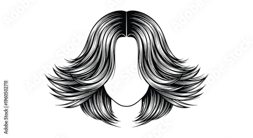Detailed black and white line drawing of a voluminous wavy female hairstyle is isolated on a clean white background.