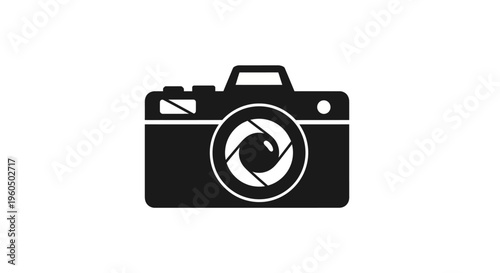 Black camera icon with aperture symbol, graphic design, photography concept