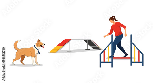 Dog Agility Training: Woman and Dog with Obstacles