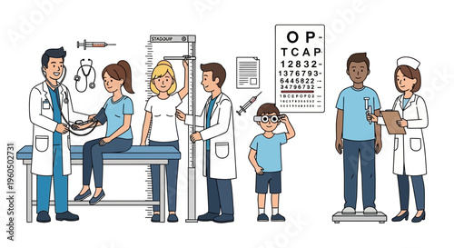 Pediatrician and nurses examining children, eye chart, height and weight measurement, medical checkup