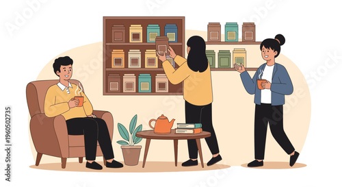 People Enjoying Tea in Cozy Cafe with Shelves of Tea Packages