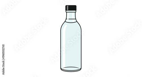 Simple clear glass water bottle with a black screw cap is filled with liquid and isolated on a clean white background.
