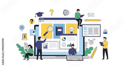 Online Learning and Education Technology Concept with People and Icons
