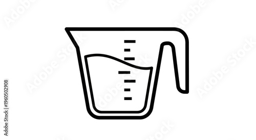 Measuring cup with liquid and markings, simple line art icon