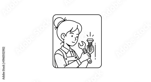 Woman Mechanic Fixing Light Bulb with Wrench, DIY Home Repair Concept