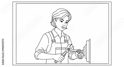 Woman plumber fixing sink pipe with wrench, home maintenance, DIY repair