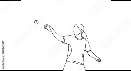 Woman playing tennis, tossing ball for serve, line art, active lifestyle, sports concept
