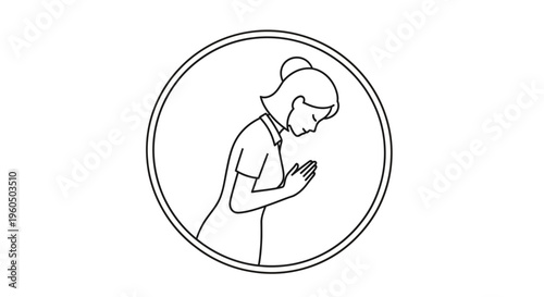 Woman bowing with hands together in prayer or greeting, simple line art icon