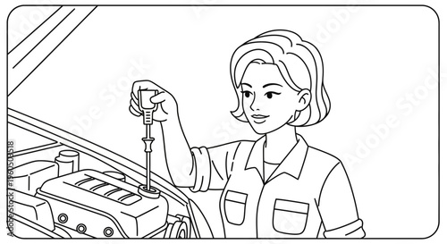 Woman checking car engine oil level with dipstick, auto repair, maintenance